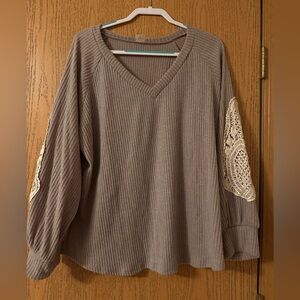 Taupe Ribbed Sweater with Lace Accents- 1X-NWOT